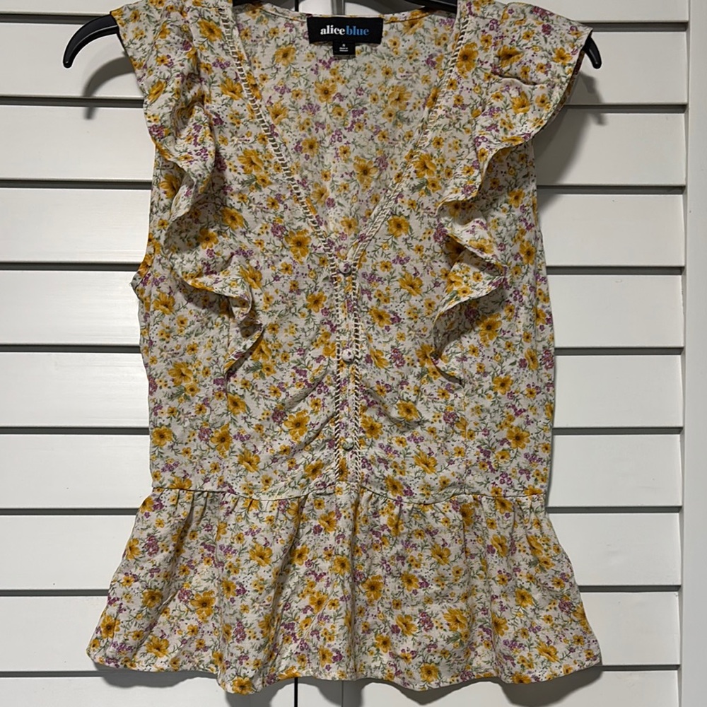 Alice Blue Ruffle Blouse with Yellow and Purple Floral Print